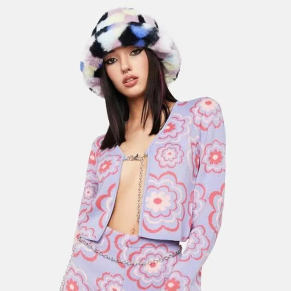 The Ragged Priest Free Bird Knit  Top Open Front Cardigan Purple Pink Floral XS - Picture 2 of 8